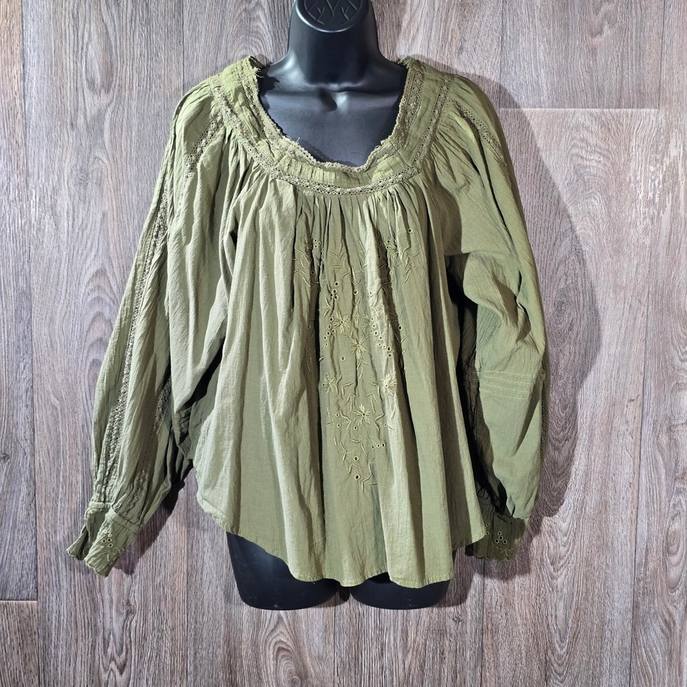 LIV LOS ANGELES Olive Green Embroidered Square‎ Neck Peasant Blouse Size L